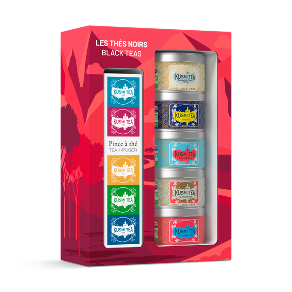 Coffret Les Thés Noirs bio avec une pince à thé