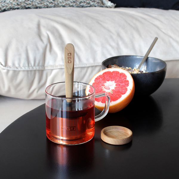 Stainless steel tea infuser with wooden stand