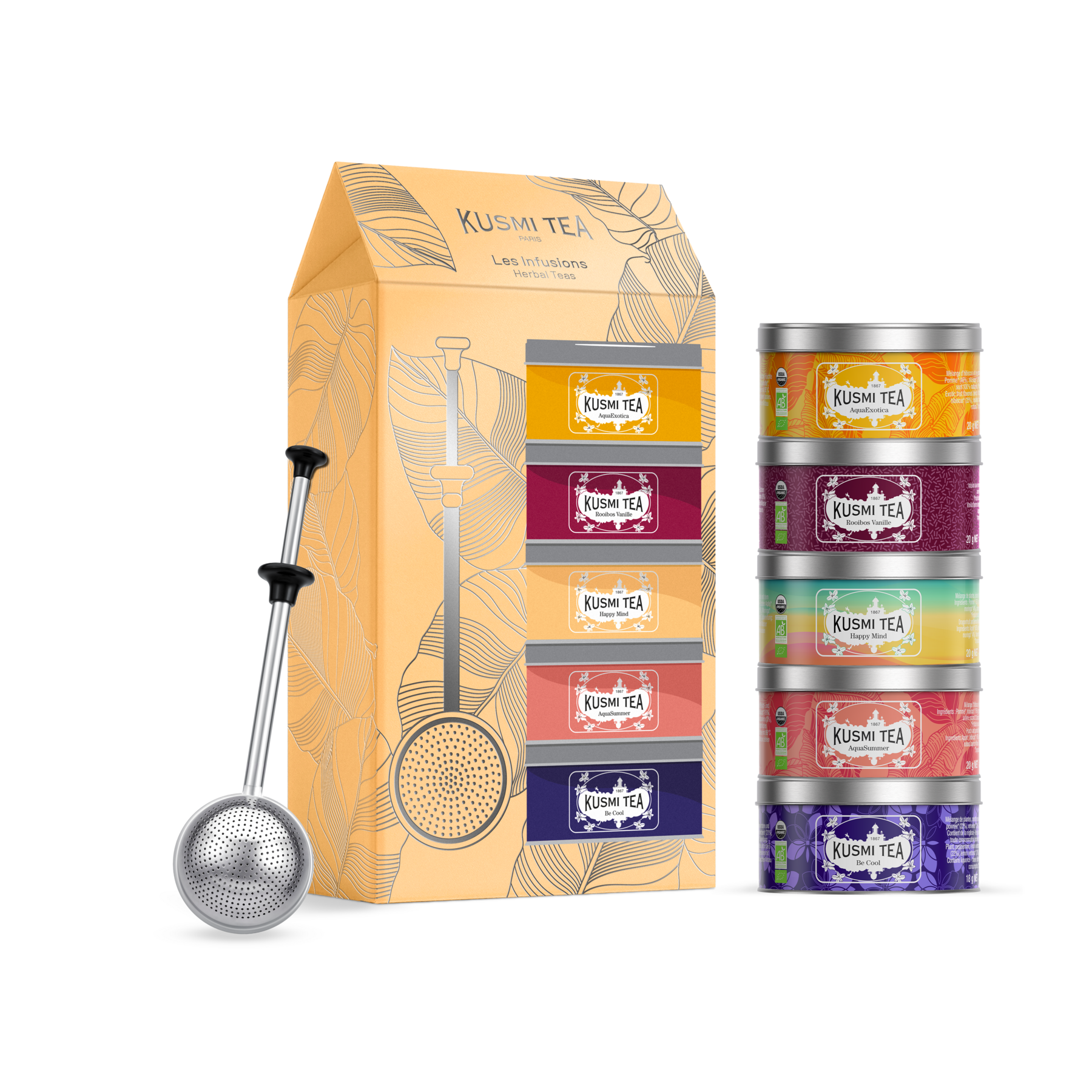 Caja de infusiones orgánicas con infusor de té.