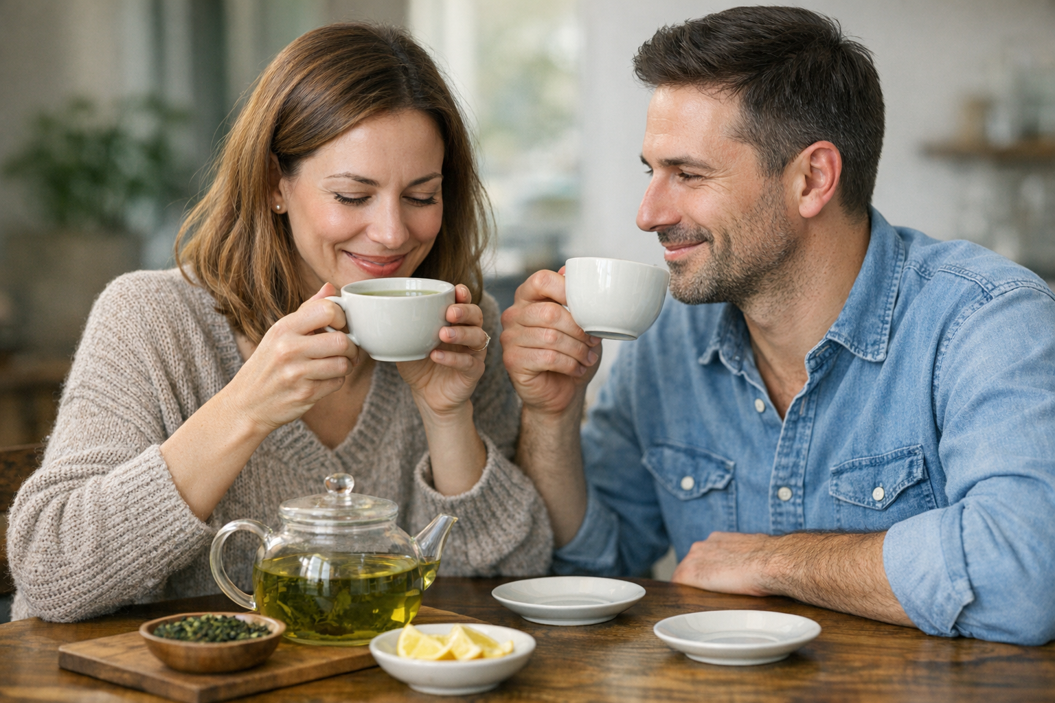 couple buvant du thé vert