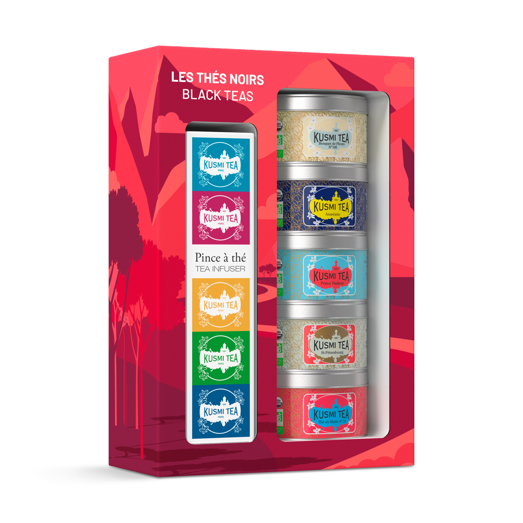 Coffret Les Thés Noirs bio avec une pince à thé