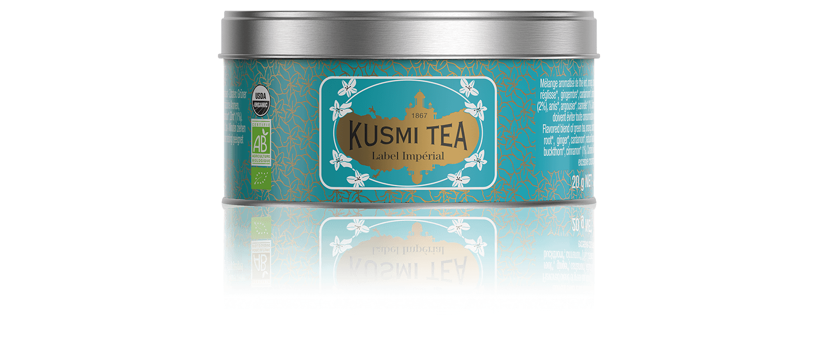 Label Imperial bio - Mélange aromatisé de thé vert, agrumes et épices. - Boite à thé en vrac - Kusmi Tea