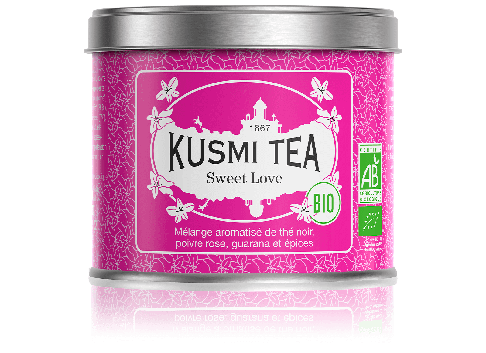 Sweet Love bio - Mélange aromatisé de thé noir, poivre rose, guarana et épices - Boite à thé en vrac - Kusmi Tea