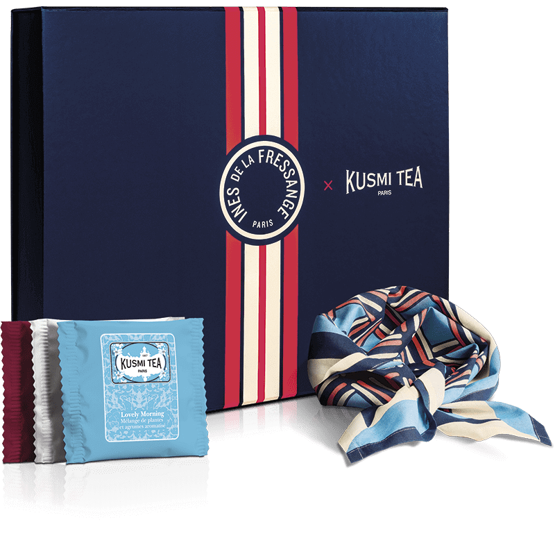 Coffret bio Les voyages d Ines - Assortiment de 40 sachets de thés et infusions aromatisés accompagné d’un foulard en coton bio (50x50cm) - Kusmi Tea