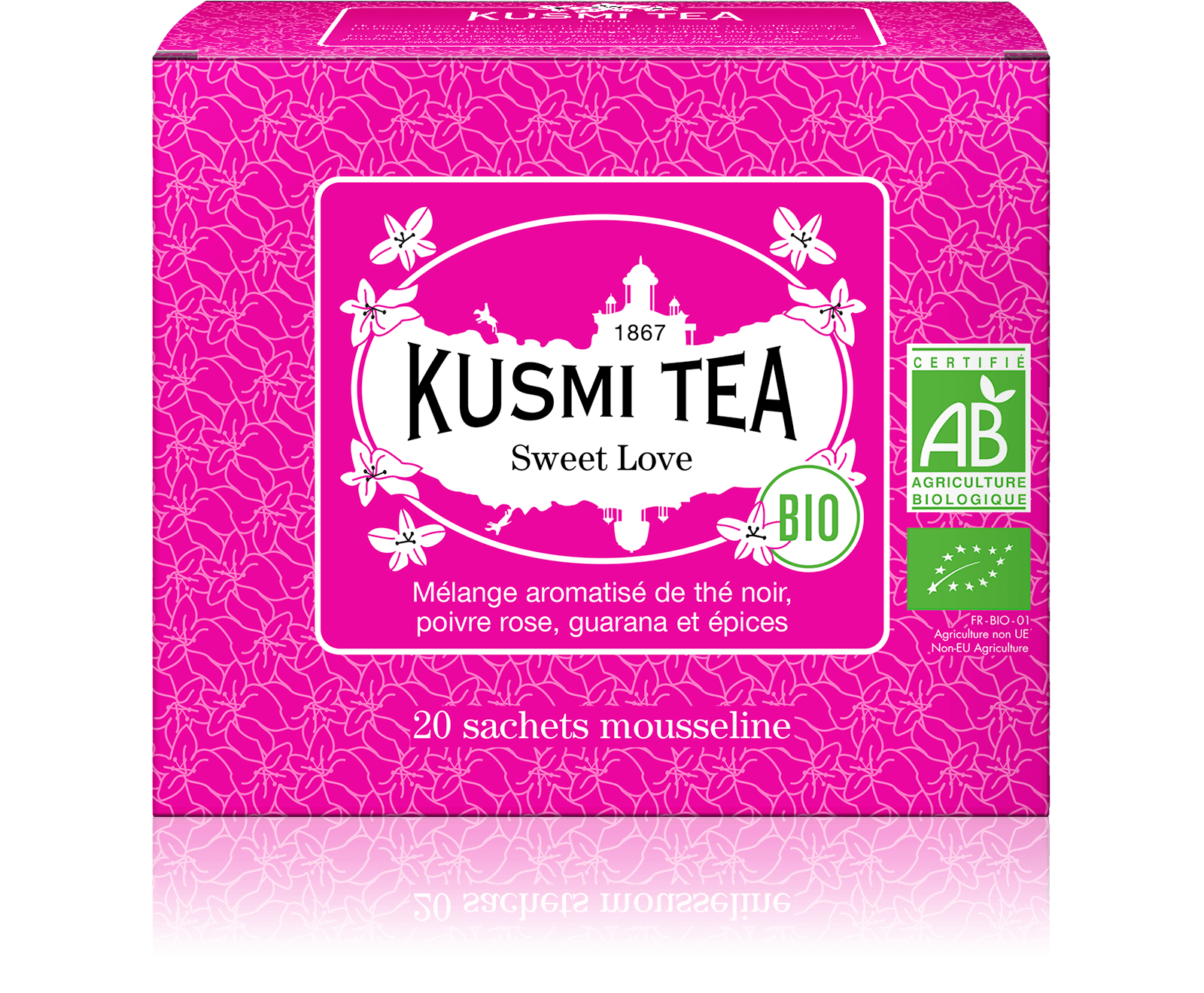 Sweet Love bio - Mélange aromatisé de thé noir, poivre rose, guarana et épices - Sachets de thé bio - Kusmi Tea