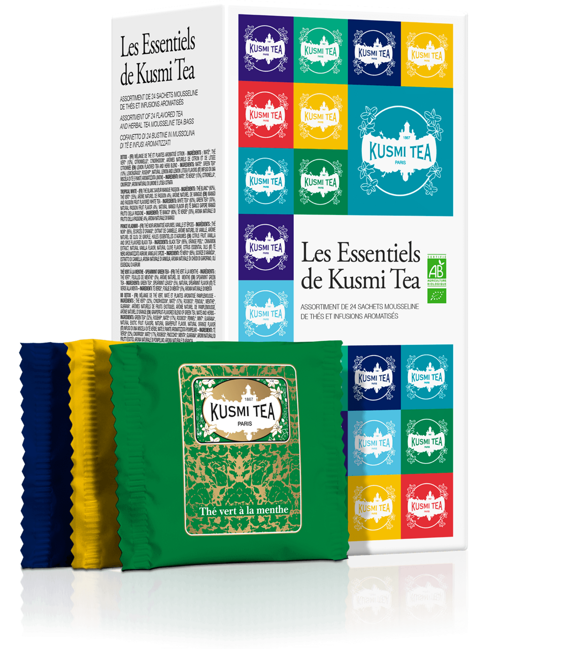 Coffret Les Essentiels de Kusmi Tea bio - Assortiment de 24 sachets mousseline de thés et infusions aromatisés -Thé bio- Kusmi Tea