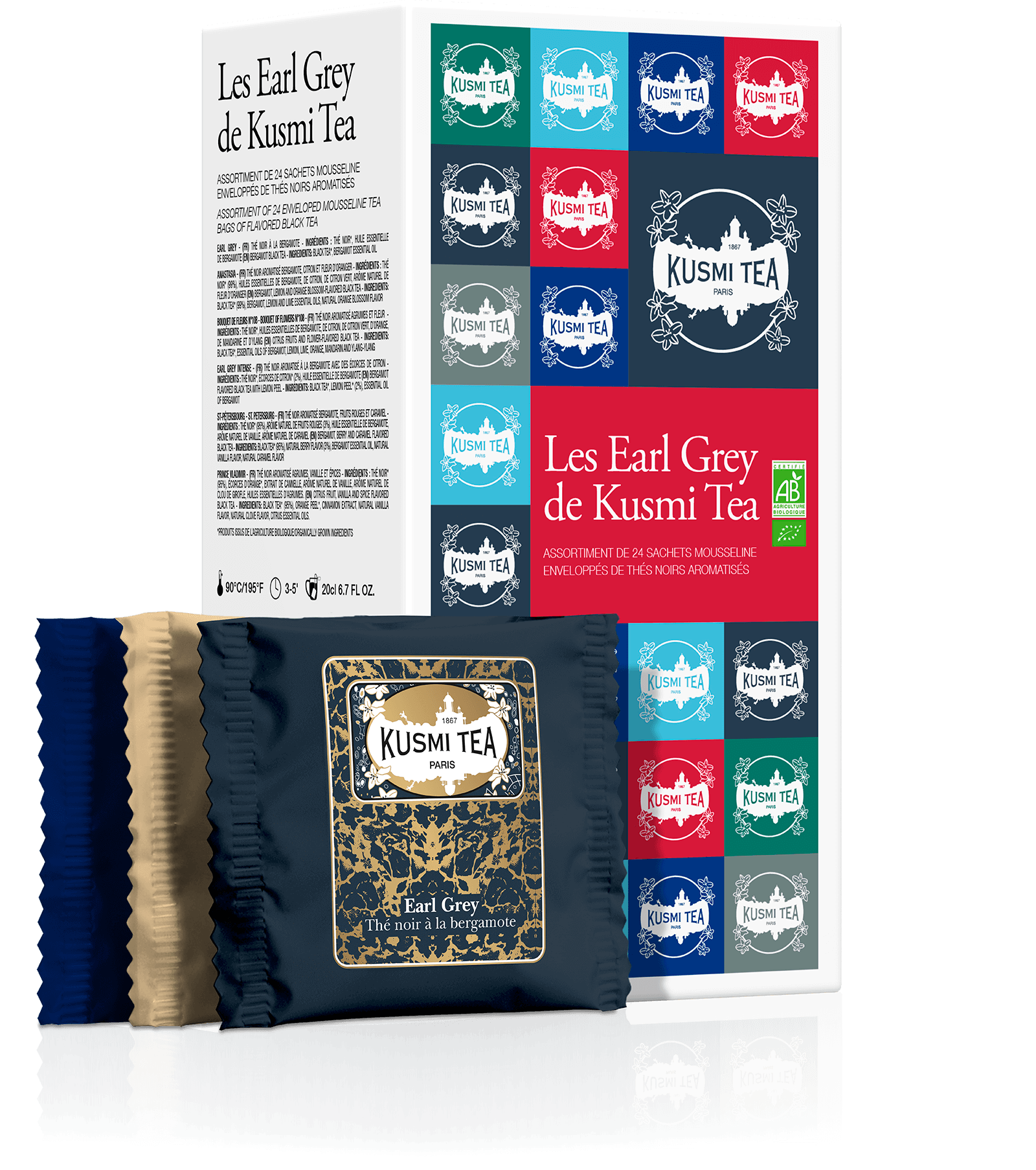Coffret Les Earl Grey bio - Assortiment de 24 sachets mousseline enveloppés de thés noirs aromatisés -Thé bio- Kusmi Tea